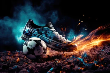 Foto op Canvas Witness the intensity of soccer as a flaming ball and shoes ignite the spirit of competition, Football scene at night match with close up of a soccer shoe hitting the ball with power, AI Generated © Iftikhar alam