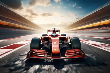 Foto auf Leinwand A red race car zooms past on a track with thrilling speed and precision, Formula one race car crossing finish line on sports track, AI Generated © Iftikhar alam