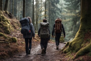 Three individuals hiking through the woods, carrying backpacks on a picturesque trail, Friends hiking with backpacks and hiking poles on remote trail in woods, AI Generated - obrazy, fototapety, plakaty