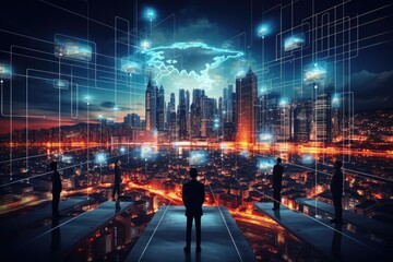 Naklejka premium A lone man stands in front of a sprawling cityscape illuminated by the night sky, Futuristic depiction of global data exchange, AI Generated
