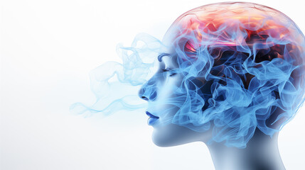 Human head with abstract blue brain on white background with copy space, creative concept.