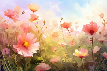 A stunning painting capturing the beauty of pink flowers blooming in a field, Garden Flowers and Plants on a Sunny Background, AI Generated