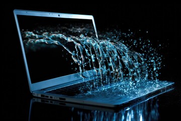 A laptop forcefully ejecting water, creating a dramatic and chaotic scene, Binary code stream flowing from a broken laptop screen, AI Generated