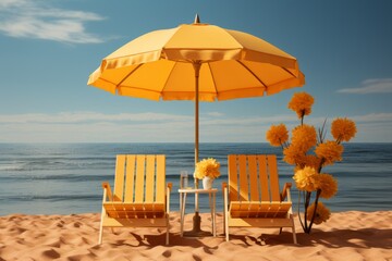 Beachside Bliss, Yellow Beach Chairs and Umbrella in a Tropical Getaway, on an isolated Sunflower Yellow background, Generative AI
