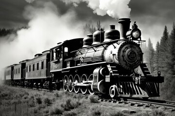 A classic black and white photograph capturing a train on the tracks, Black and white picture of a steam locomotive from the 1860s, AI Generated - obrazy, fototapety, plakaty