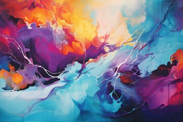 Obraz na płótnie Canvas An captivating abstract painting featuring a beautiful blend of blue, purple, and orange colors, Blend of intense colors depicting a riotous, abstract tropical storm, AI Generated
