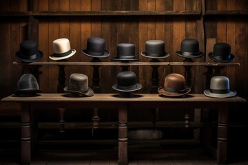 Fototapeta na wymiar A collection of various hats arranged neatly on a wooden table, showcasing an assortment of fashionable headgear options, Bowler hats on an old wooden rack, AI Generated