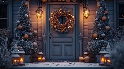 Modern house with a Christmas wreath on the door at night in the light of lanterns. Generative AI.