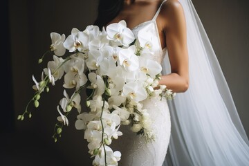 A beautiful bride in a white wedding gown holding a colorful bouquet of flowers, Bride holding a...