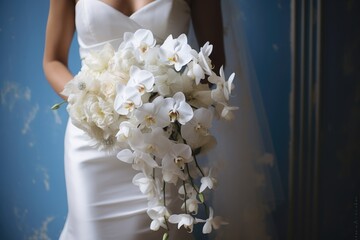 A beautiful bride holds a bouquet of white flowers as she stands at her wedding ceremony, Bride holding a cascading white orchid bouquet, AI Generated
