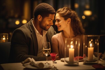 Interracial couple has candlelight romantic dinner on Valentine Day. Black man in love invited blonde bride to dinner in honour of anniversary