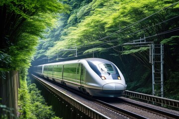 A train gracefully travels through the serene beauty of a lush green forest, Bullet train passing through a tunnel in Japan, AI Generated