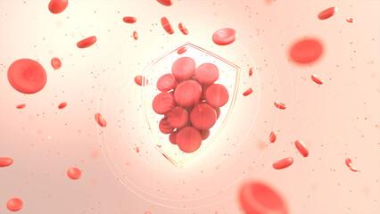 Blood cells are grouped together and protected by a shield. medical human healthcare, 3d rendering.