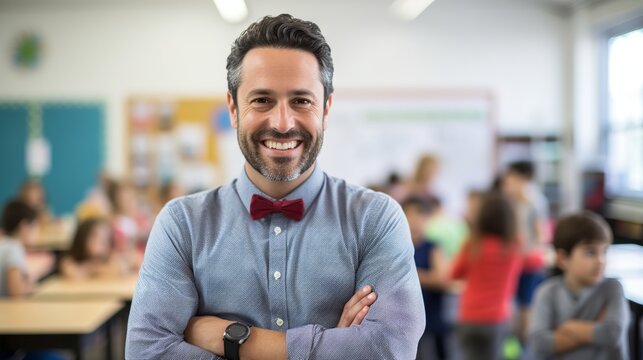 Happy male educator teaching in a classroom with diverse elementary school students