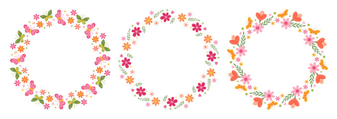 Set of floral wreaths. International Women's Day. March 8. Mother's Day. Decorative elements for greeting card, wedding, birthday, invitation, banner, sale, scrapbooking. Vector illustration.