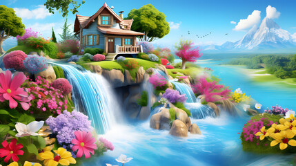 beautiful flowers on the river and house on the cliff - obrazy, fototapety, plakaty