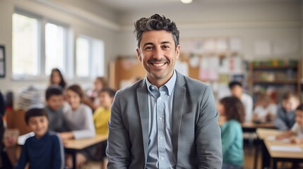 Portrait of happy male educator teaching diverse group of children at primary school