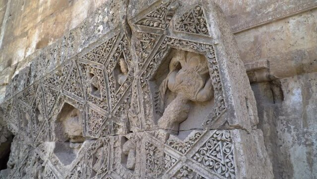 Remains of a stone carvings in the ancient Roman city Heliopolis Syriaca, in Baalbek, Lebanon