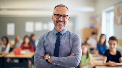 Fototapeta premium Happy male teacher with diverse students in elementary school classroom posing for camera