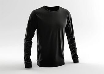 Black long sleeve t-shirt front view ghost mannequin concept isolated on white background