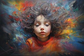 A captivating painting showcasing a young girl with beautiful curly hair, Chalk pastel scribbles, AI Generated