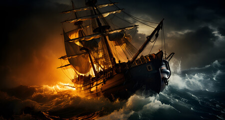 an old ship sailing the ocean in a storm - obrazy, fototapety, plakaty