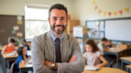 Happy male teacher with diverse students in elementary school classroom posing for camera