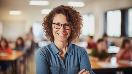 Portrait of happy female teacher with diverse group of students in elementary school classroom
