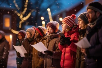 Fototapeta na wymiar A joyful group of children singing heartily as snowflakes fall around them, Children and adults caroling in a snowy neighborhood for Christmas, AI Generated