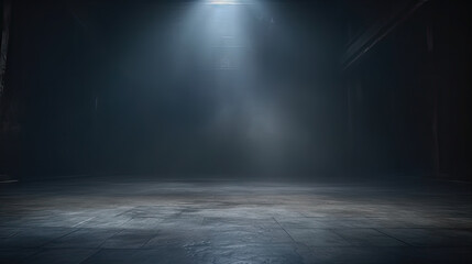A dark room with a concrete floor and a spotlight. Suitable for dramatic or mysterious themed designs, theater and event promotion, and creative storytelling visuals. empty dark blue room - obrazy, fototapety, plakaty