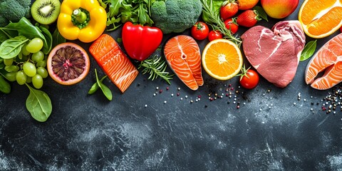 Background healthy food. Fresh fruits, vegetables, meat and fish on table. Eating for healthy heart. Healthy food, diet and healthy life concept. Top view, copy space - obrazy, fototapety, plakaty