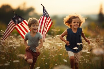 Two joyful children race through a vibrant field, waving American flags in the air, Children running on a lawn, waving flags on Independence Day, AI Generated