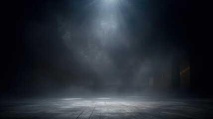 A dark room with a concrete floor and a spotlight. Suitable for dramatic or mysterious themed designs, theater and event promotion, and creative storytelling visuals. empty dark blue room