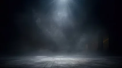 Fotobehang A dark room with a concrete floor and a spotlight. Suitable for dramatic or mysterious themed designs, theater and event promotion, and creative storytelling visuals. empty dark blue room © Planetz