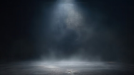 A dark room with a concrete floor and a spotlight. Suitable for dramatic or mysterious themed designs, theater and event promotion, and creative storytelling visuals. empty dark blue room - obrazy, fototapety, plakaty