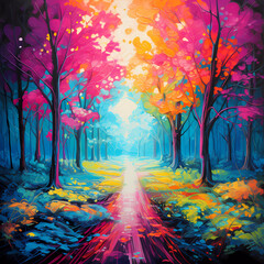 painting of trees in the forest, beautiful scenery with joyful celebration of nature, pink, orange, magenta colors, hard-edge painting, broad strokes oil painting. Vibrant color of oil painting image.