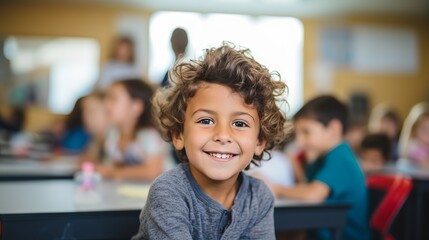 Smiling elementary school student in a class with a classmate behind her