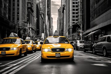 A congested city street with numerous vehicles jammed in heavy traffic, Classic yellow taxi cabs in...