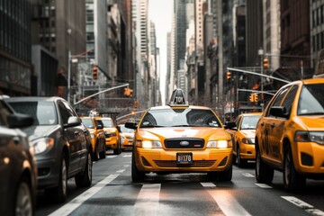 Fototapeta na wymiar This image showcases a vibrant city street teeming with vehicles, pedestrians, and a bustling urban atmosphere, Classic yellow taxi cabs in the busy streets of Manhattan, AI Generated
