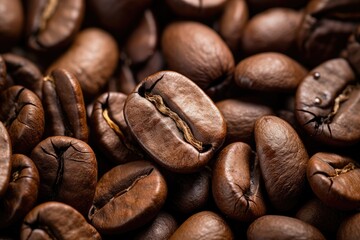 Naklejka premium A mound of rich, aromatic roasted coffee beans, ready to be ground and brewed into a flavorful cup of coffee, Close-up detail of an organic coffee bean, AI Generated