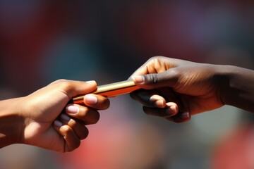 A close-up image showing one person handing an object to another person, Close-up of a baton pass in a relay race, AI Generated - obrazy, fototapety, plakaty