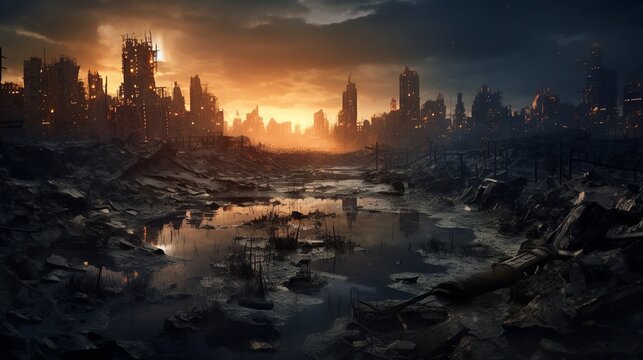 Post-apocalyptic cityscape: A view of the destroyed buildings, burning rubble, and polluted environment in a dystopian world