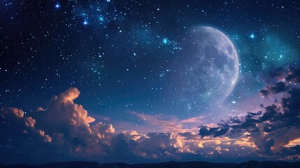 Fototapeta na wymiar Spiritual Serenade - Ramadan Night Sky with Beautiful Moon and Starry Constellations