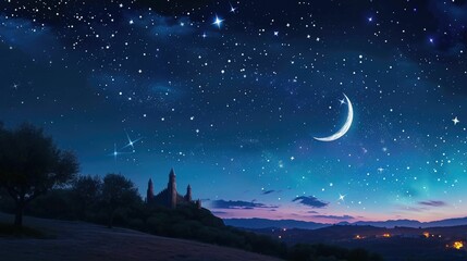 Spiritual Serenade - Ramadan Night Sky with Beautiful Moon and Starry Constellations