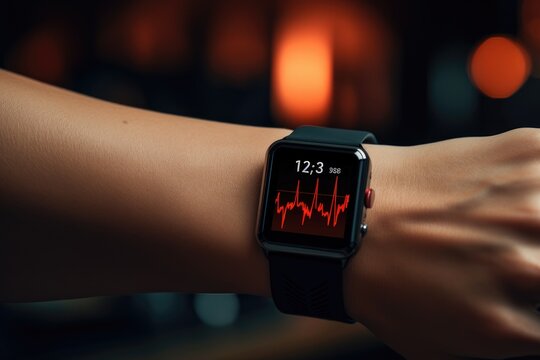 A persons wrist featuring a close-up view of a smart watch, a wearable device for tracking health and receiving notifications, Close-up of a heart rate monitor on a wrist during workout, AI Generated