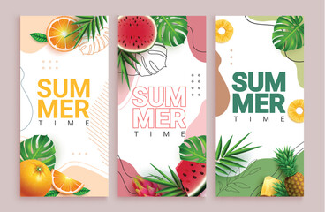 Summer time vector poster set design. Summer time text with orange, watermelon, dragon fruit and pineapple tropical fruits elements. Vector illustration summer time greeting postcard. 
