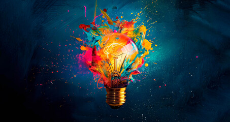 Creative light bulb explodes with colorful paint splashes. Brainstorming concept. Banner - obrazy, fototapety, plakaty