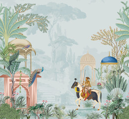 Traditional Mughal emperor riding horse in a garden vector illustration pattern for wallpaper - obrazy, fototapety, plakaty