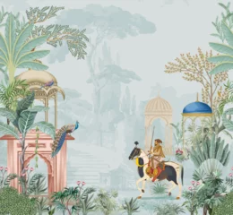 Deurstickers Traditional Mughal emperor riding horse in a garden vector illustration pattern for wallpaper © MdSayeed