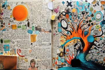 Obraz premium A captivating image featuring an open book showcasing a hand-drawn tree, serving as an engaging educational tool, Close-up of a student's notes filled with doodles and information, AI Generated